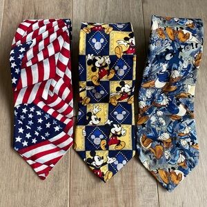 Mens 3 Neck Ties Lot Disney Mickey Donald Duck 100% Silk Italy USA  Flag